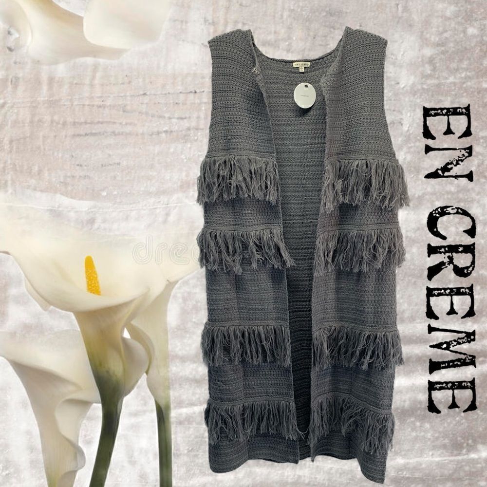 NWT EN CREME Gray fringed sleeveless duster - Picture 2 of 9